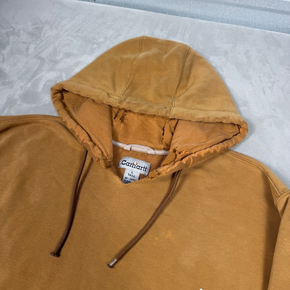 Y2K Mens Carhartt Distressed Midweight Hooded Sweatshirt Brown L Tall - Picture 3 of 7